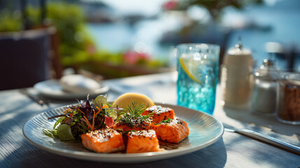 A plate of grilled salmon with salad and lemon on a restaurant table