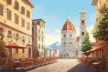 Fototapeta premium Florence cathedral framing a sun drenched piazza with empty outdoor cafe tables