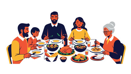A happy multigenerational family enjoying a festive holiday dinner meal at a table, creating a warm atmosphere perfect for advertising family gatherings and food related projects.