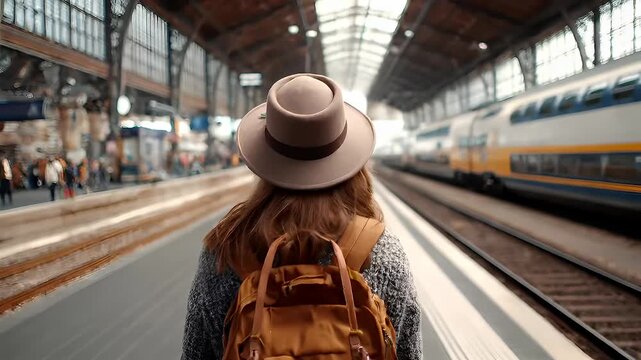 A woman with a hat and backpack stands in a train station, her back to the camera, looking out over the platform. The train, with its yellow and white design, is moving along the tracks.