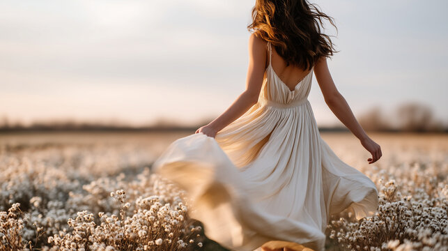 Faceless shot from behind: a person in a Cloud Dancer flowing silk dress standing in a field of white dried flowers, dreamy aesthetic, soft golden hour light, sharp focus on dress