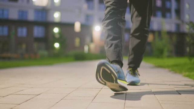 nighttime urban dribble with sneakers basketball, closeup feet tapping pavement under soft bokeh lights near apartment buildings, player practicing footwork with steady bounce, slowmotion emphasis