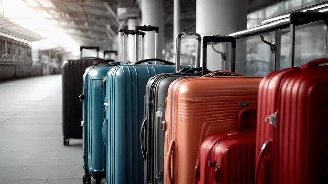 Aerial view of a train station with a row of suitcases on the platform. The suitcases are of various colors, including red, blue, and orange, and are arranged in a neat row.
