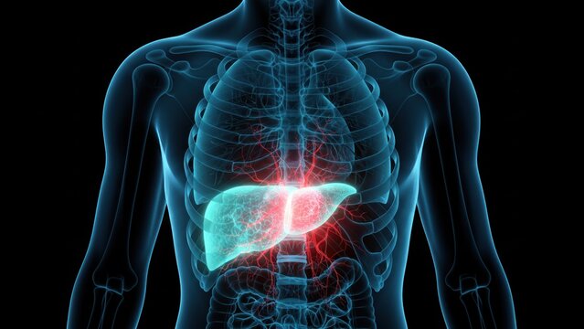 The xray style torso with glowing liver core, showing Liver Cirrhosis, inflammation, and chronic tissue scarring