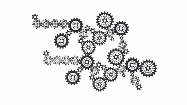 Interconnected gears and cogs in motion, symbolizing teamwork and mechanical systems