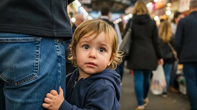 Curious toddler exploring bustling market under protective guardian