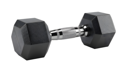 A dumbbell with a textured handle and weights on a transparent background