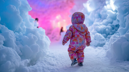Faceless shot from behind: a child in a colorful winter suit looking at a massive wall of ice at a snow festival, family travel Gangwon, bright energetic lighting, sharp focus on t