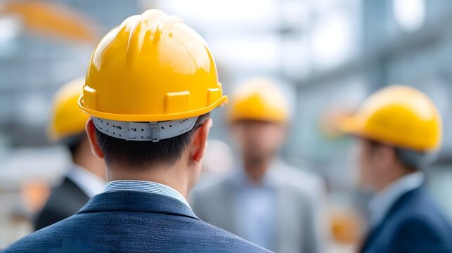 A team of civil engineers in hardhats meets and collaborates on an active construction site, planning future development. - Powered by Adobe