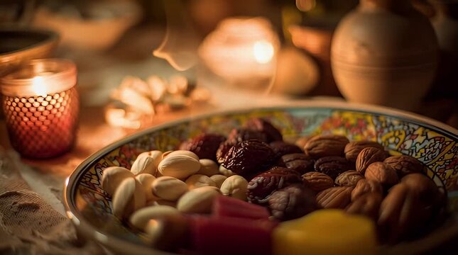 Warm cozy still life with assorted nuts dates figs and candles on a decorative plate in a dimly lit room for festive food background