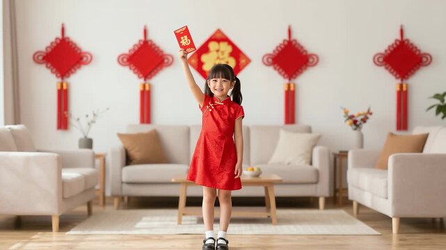 Little girl in qipao holding lucky red envelope for Lunar New Year