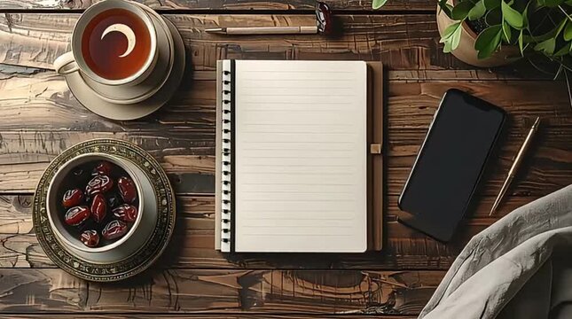 A flat lay showcases a notebook, smartphone, tea with a moon design, and dates on a rustic wooden table, ideal for Ramadan.