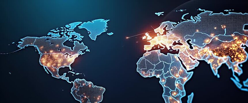 Illuminated world map with glowing connections, as the camera slowly pans showcasing global network growth; digital lights flicker in a futuristic, cinematic style.