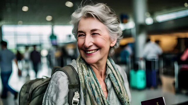 A portrait of a woman in an indoor setting, possibly an airport terminal, with a focus on her face and upper body. She is wearing a green and white patterned scarf.