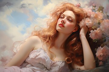 Fototapeta premium Redhead woman resting in a dreamlike setting with flowers and cloudy sky
