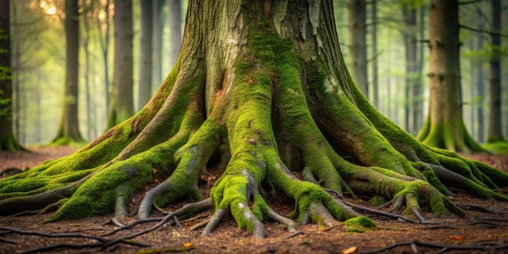 Ancient Forest Tree Base Showing Extensive Root System Covered in Lush Green Moss