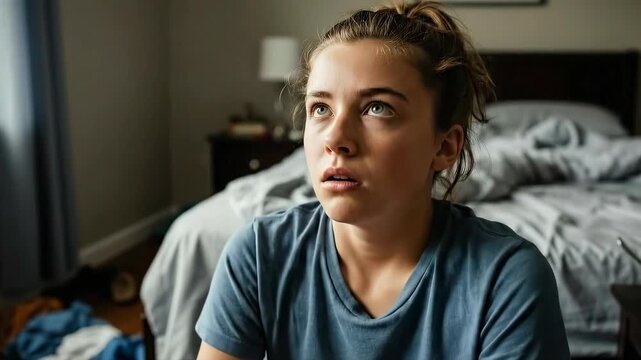 Woman reflecting in bedroom: contemplation, discomfort, and realization in quiet surroundings