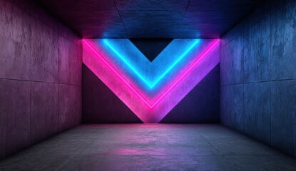 Fototapeta premium Concrete tunnel lit with pink and blue neon chevron, futuristic, minimalist