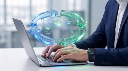 man in blue suit using laptop with virtual interface