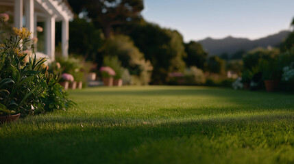 A well kept backyard showcases regular lawn gardening routines, including mowing, watering, fertilizing, and plant care to maintain vibrant green spaces. cinematic color correction, natural uneven