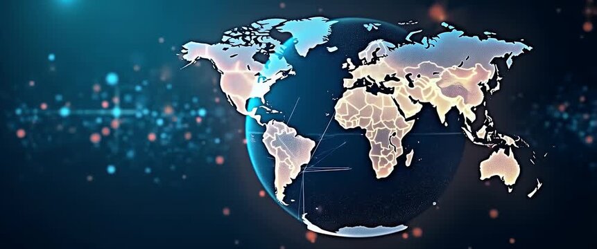 Glowing world map rotates slowly against a futuristic digital backdrop, with a smooth camera pan revealing vibrant global connections; cinematic and immersive.