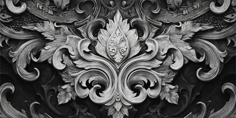 High-resolution image of a detailed black and white baroque wallpaper pattern featuring intricate designs and ornate motifs.