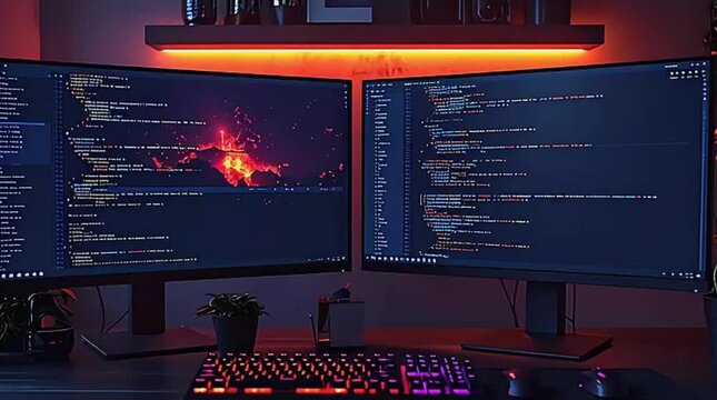 A dark, moody programmer's workstation features two monitors displaying complex code and a glowing keyboard, creating an intense, focused work environment.
