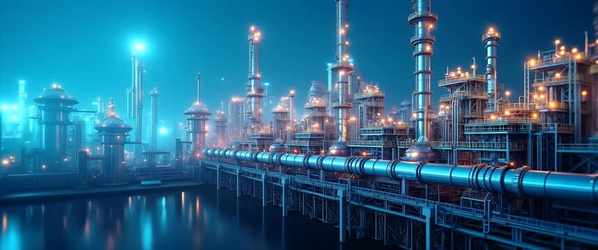 Industrial refinery at night with glowing lights flickering, towering structures casting reflections on water, camera in slow pan capturing the futuristic, cinematic atmosphere.