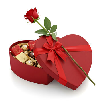 Elegant heart-shaped gift box filled with decadent chocolates and a vibrant red rose, symbolizing romance, affection, and thoughtful celebration for special occasions