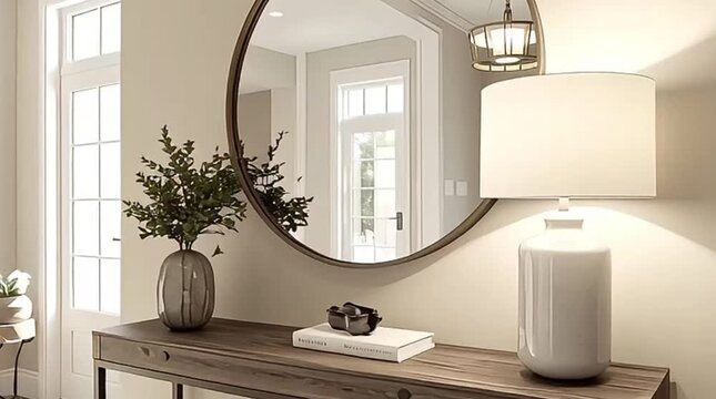 An elegant modern home entryway features a stylish wooden console table with decor, a large round mirror, and a staircase, bathed in natural light.