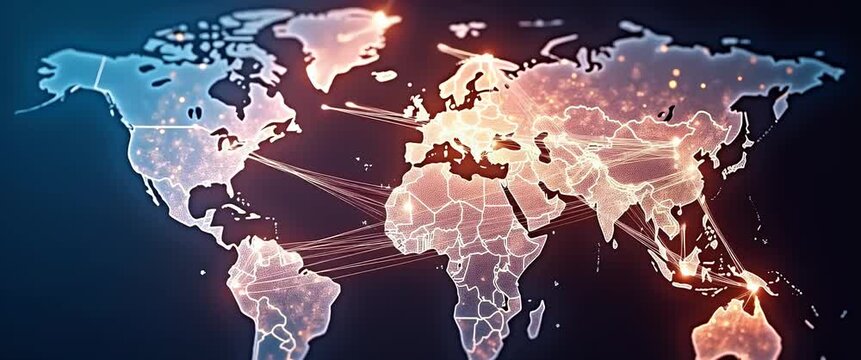 Cinematic world map animation with glowing digital connections, featuring slow pan across continents, highlighting global network growth and technology innovation in a futuristic style.