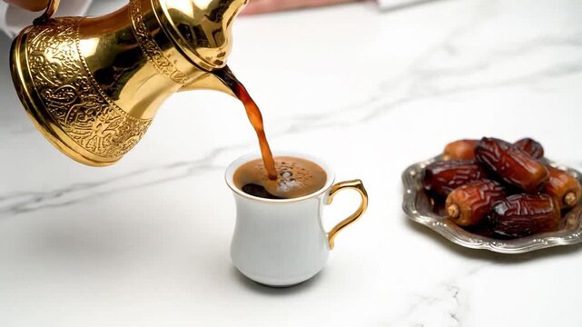 Golden dallah pouring rich coffee into a delicate cup, served with traditional dates on white marble