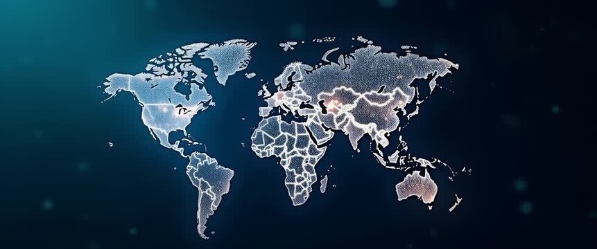 Illuminated world map with glowing connections, slow camera pan across continents, dots pulsate softly; cinematic global network visualization perfect for tech, communication, and travel themes.