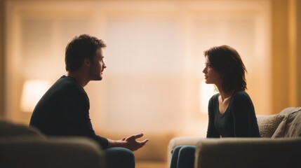Couple engaged in serious conversation, sitting on a cozy couch in a softly lit living room, expressing emotions and conflict in their relationship dynamics