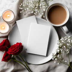 Wedding Invitation Mockup with Red Roses and Coffee