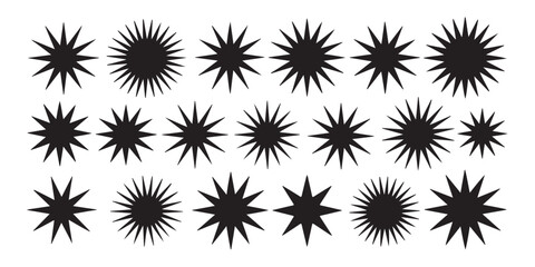 Rows of uniform black stylized star shapes with many sharp rays for backgrounds or patterns