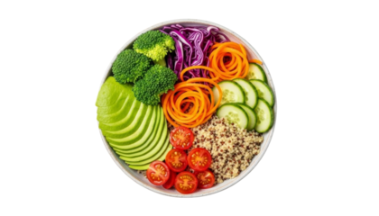 Buddha bowl with quinoa, vegetables, and avocado, isolated on transparent background