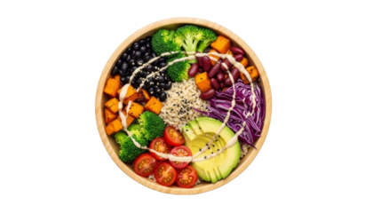 Buddha bowl with quinoa, vegetables, and avocado, isolated on transparent background