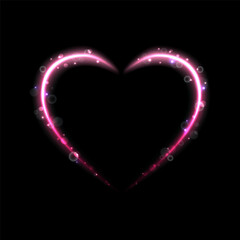 Pink neon glowing heart shaped with glowing lights, isolated on black background.