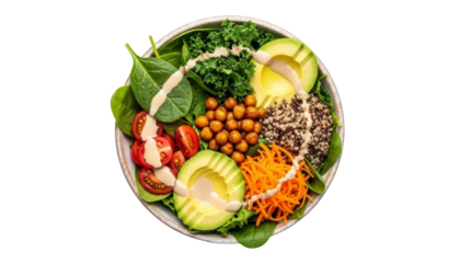 Buddha bowl with quinoa, vegetables, and avocado, isolated on transparent background