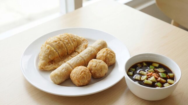 Authentic Indonesian pempek fish cakes from Palembang served with sweet and sour vinegar sauce. Popular Indonesian street food in 4K resolution.