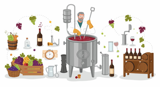 Comprehensive illustration of the winemaking process, featuring a vintner stirring a fermentation vat, surrounded by fresh grapes, bottles, and traditional equipment.