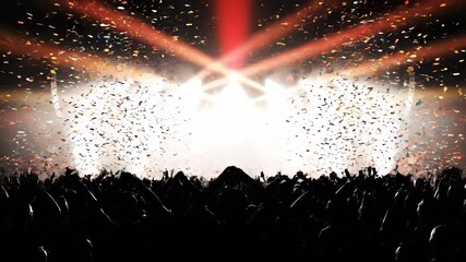 Crowd cheering at concert stage. Silhouetted audience raise hands under bright light and golden confetti. Music performance fuels celebration and party energy. Enthusiastic crowd enjoy entertainment.