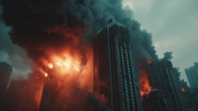 World War III Aftermath Explosion Powerful fire explosion leaving thick black smoke, shattered infrastructure, burning wreckage everywhere, hyper-realistic war disaster scene, cinematic realism, 4K 