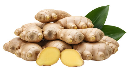 Fresh ginger roots isolated on transparent background with green leaves