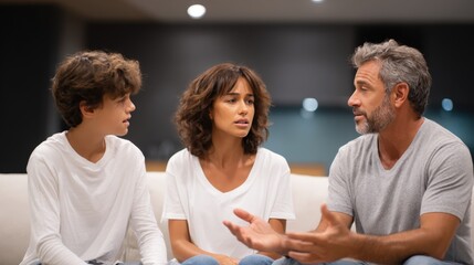 Fototapeta premium Family discussion between a teenage boy, a woman, and a man in casual clothing, expressing emotions and concerns, highlighting the importance of communication in family relationships