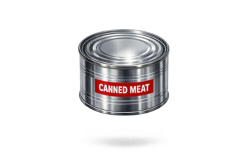 Canned meat in a silver metal can with a transparent background image.