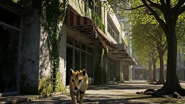 Revived Tasmanian Tiger Exploring Abandoned City Ruins