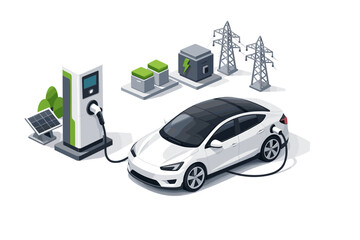 Fototapeta premium Electric car charging at a station powered by solar and grid energy