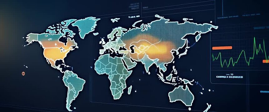 Dynamic digital world map with animated data charts gently pulsing, as the camera smoothly pans across a futuristic interface, capturing a cinematic, technology-driven atmosphere.